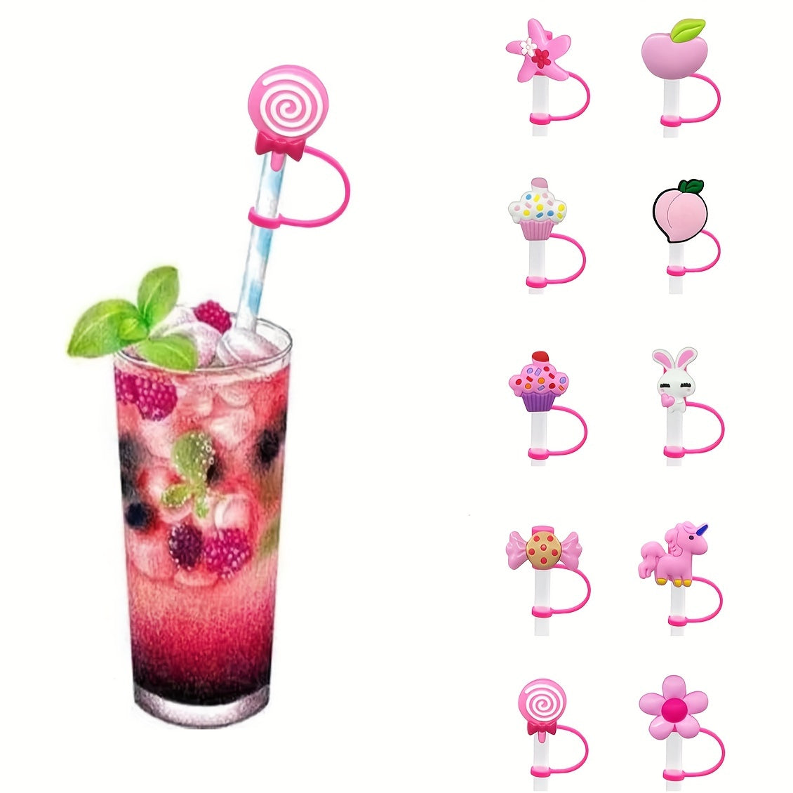10pcs Cartoon Silicone Straw Covers Reusable Straw Plugs for Cups