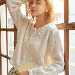 Solid Button Front Knit Cardigan Casual Crew Neck Long Sleeve Sweater