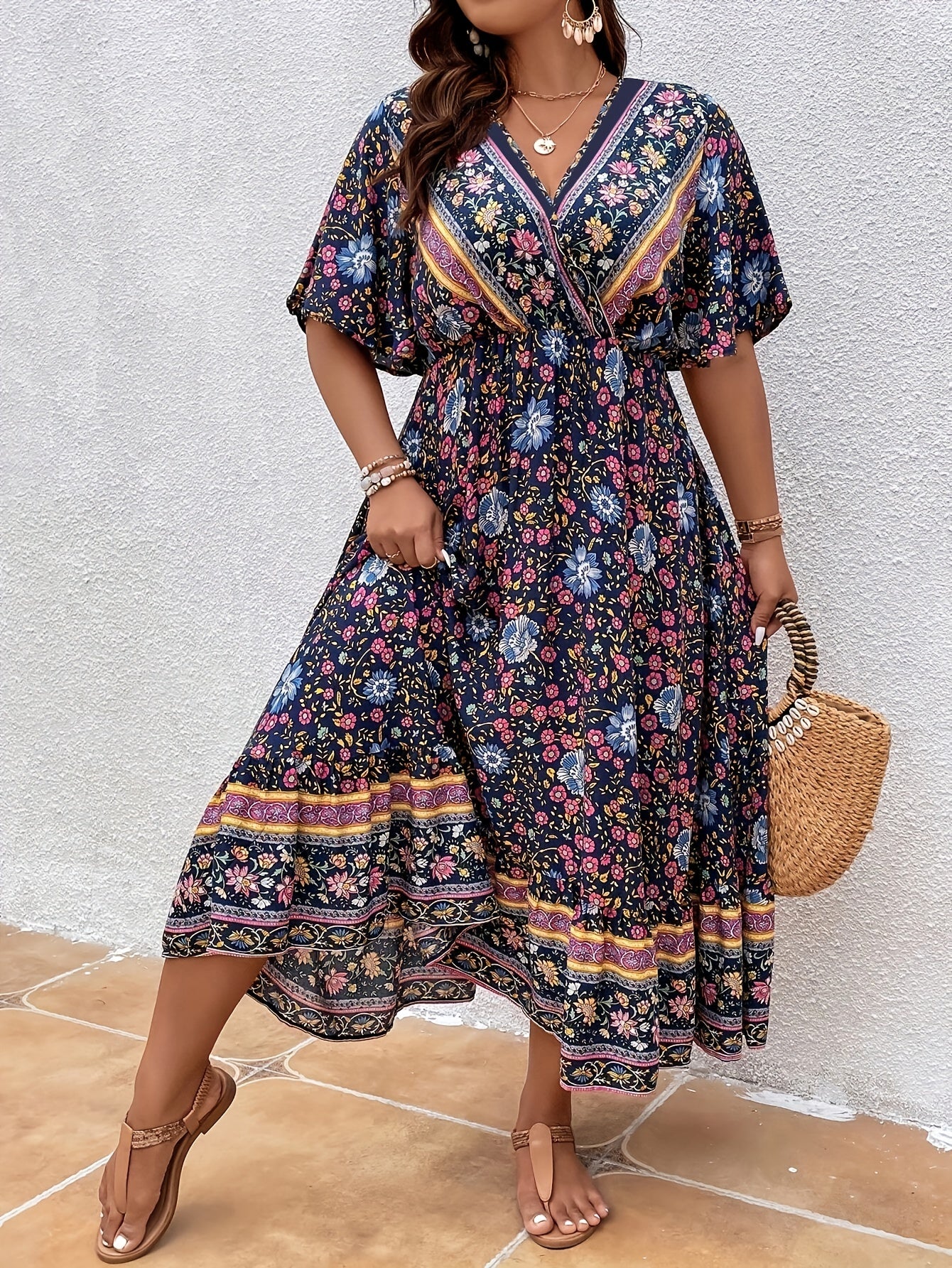 Boho Dress Women's Plus Floral Print Short Sleeve Dress