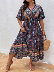 Boho Dress Women's Plus Floral Print Short Sleeve Dress