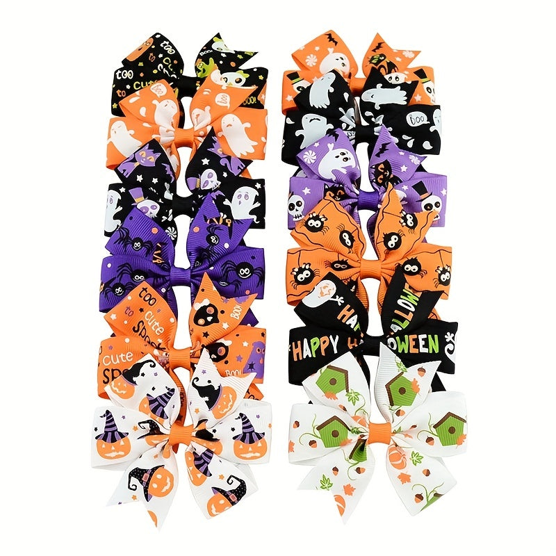 12pcs Halloween Bow Hair Clips Pumpkin Bat Print Hair Accessories For Baby Girls