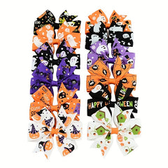 12pcs Halloween Bow Hair Clips Pumpkin Bat Print Hair Accessories For Baby Girls