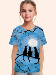 Moon Night Kitty Graphic T shirt Girls Casual Short Sleeve Tees