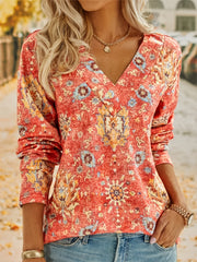 Floral Print V Neck Sweatshirt Long Sleeve Casual Top