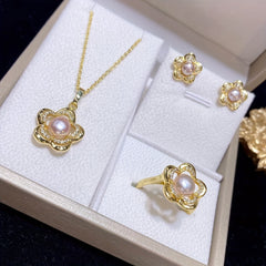 Faux Pearl Flower Pendant Necklace Earrings Rings Set