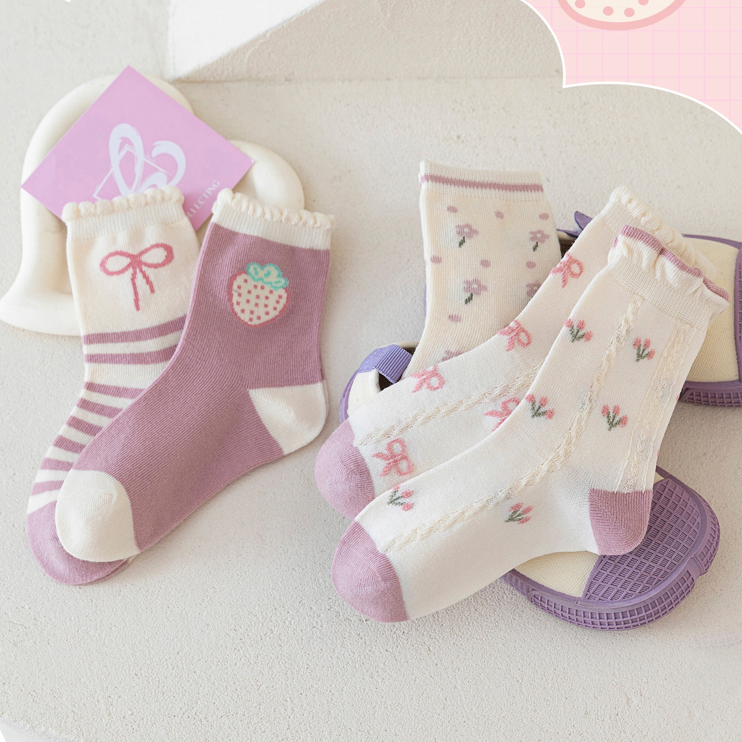 5 Pairs Girls Kids Crew Socks Cartoon Pattern Breathable Comfy Stylish Students