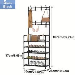 Sturdy Freestanding Metal Coat Rack Shoe Rack w/ Multifunctional Storage Rack