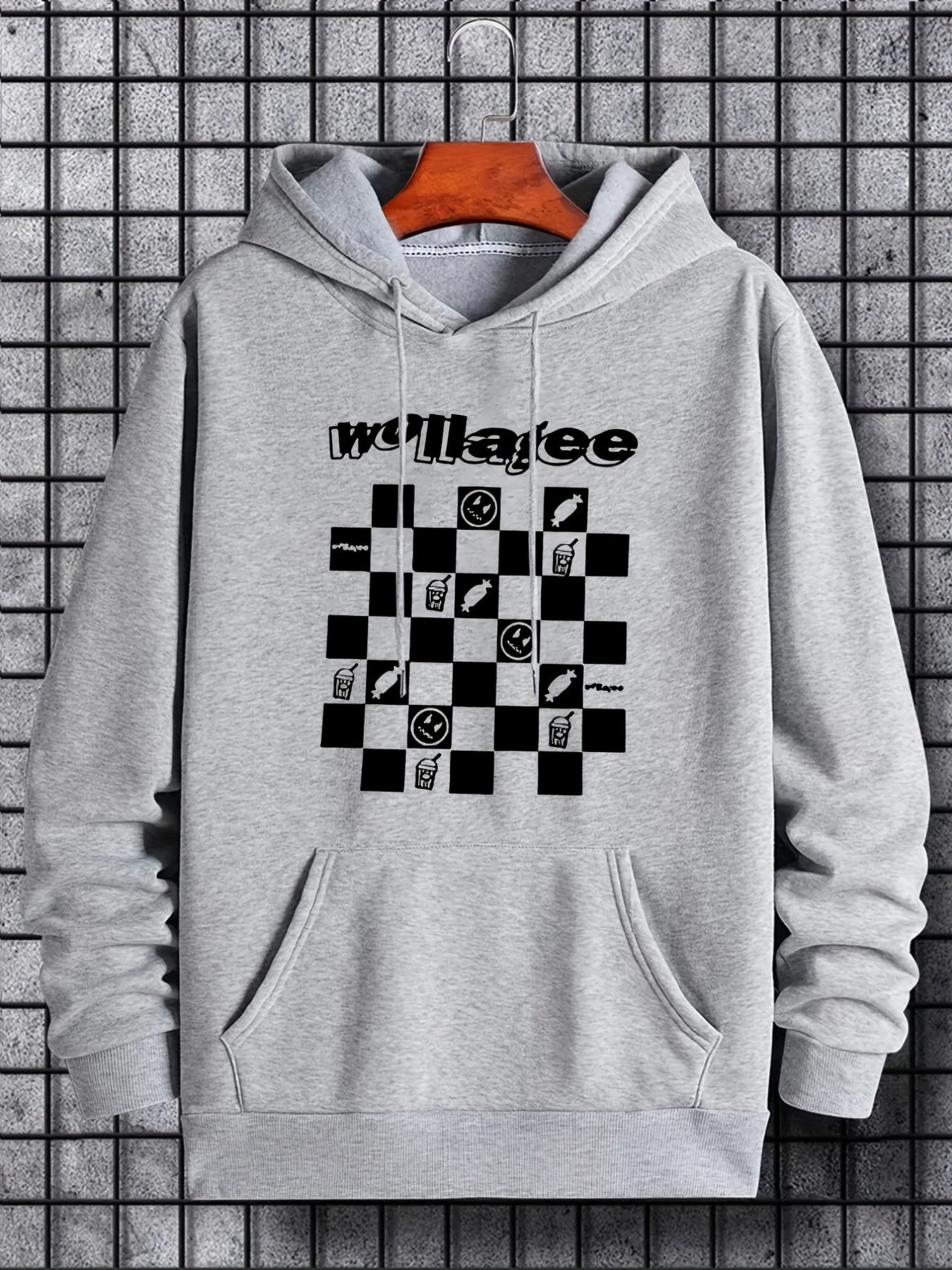 Checkerboard Print Hoodie Men's Casual Graphic Pullover Hoodie