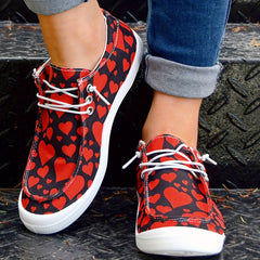 Red Heart Print Women's Casual Flat Canvas Shoes