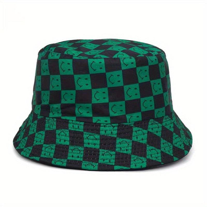 Double Sided Checkerboard Fisherman Hat Plaid Happy Fac