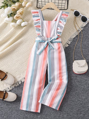 Toddler Girls Ruffle Trim Striped Overall Jumpsuits
