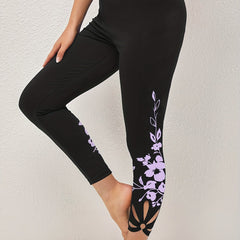 Floral Print Cut Out Cropped Leggings High Waist Skinny Casual Leggings