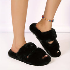 Two Bands Fluffy Indoor Slippers Open Toe Slip On Warm Plush Shoes Cozy