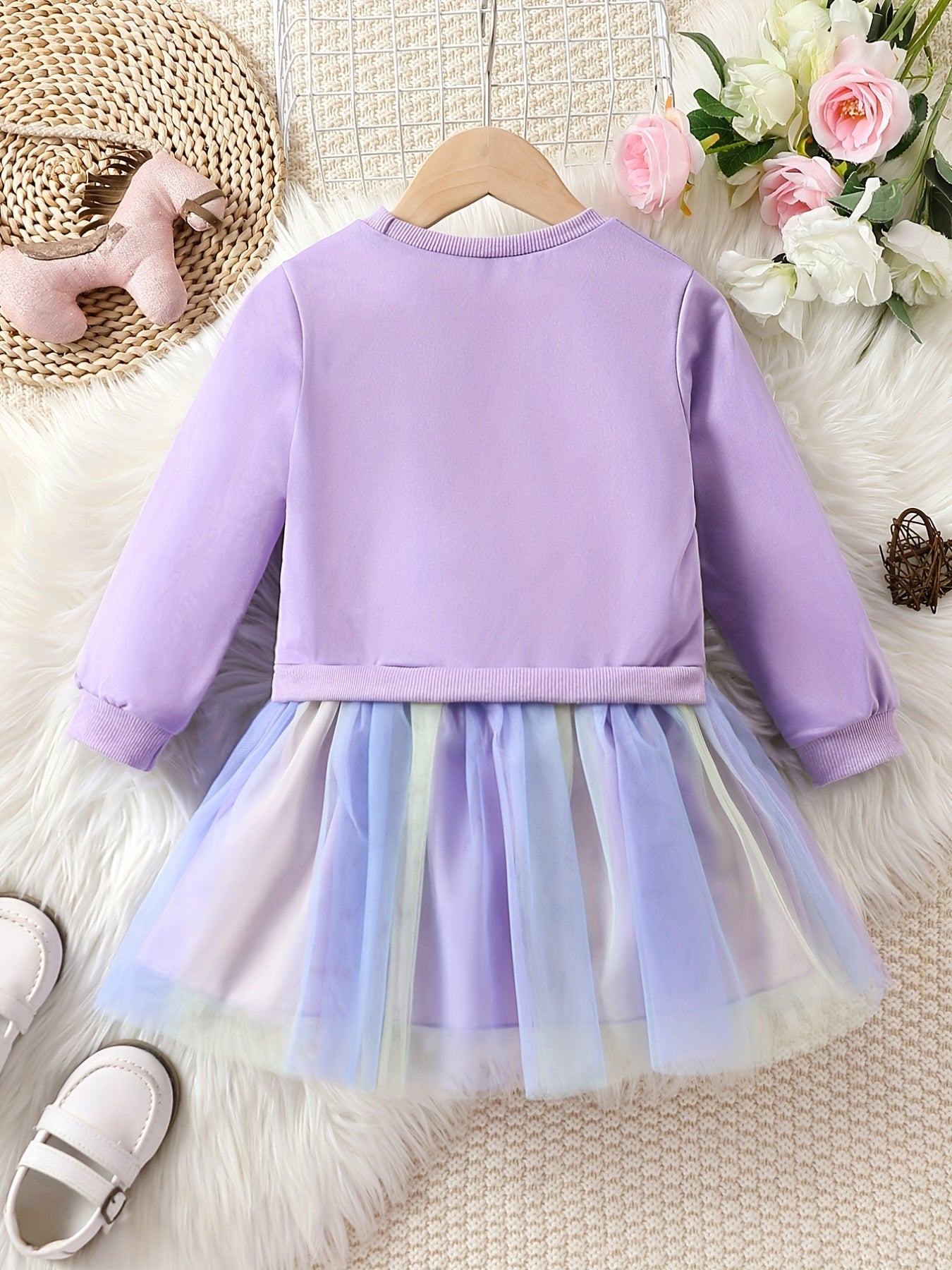 Girls Unicorn Long Sleeve Tutu Dress Tulle Stitching Casual Dress