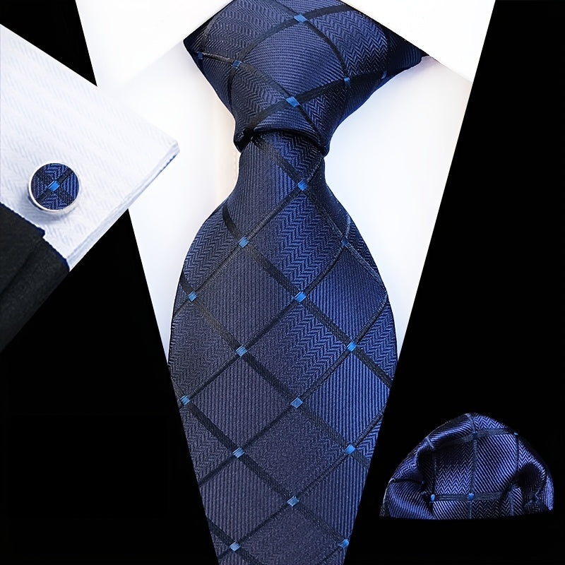 Men's Plaid Pattern Tie Pocket Scarf Cuff Set For Suits