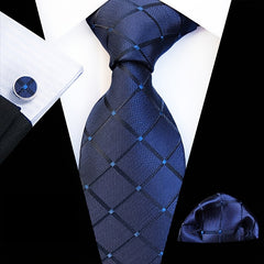 Men's Plaid Pattern Tie Pocket Scarf Cuff Set For Suits