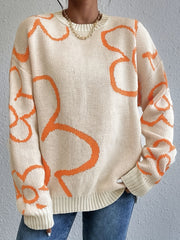 Flower Pattern Knitted Pullover Sweater Crew Neck Long Sleeve for Fall & Winter