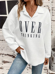Letter Print Lapel Neck Sweatshirt Casual Long Sleeve Loose