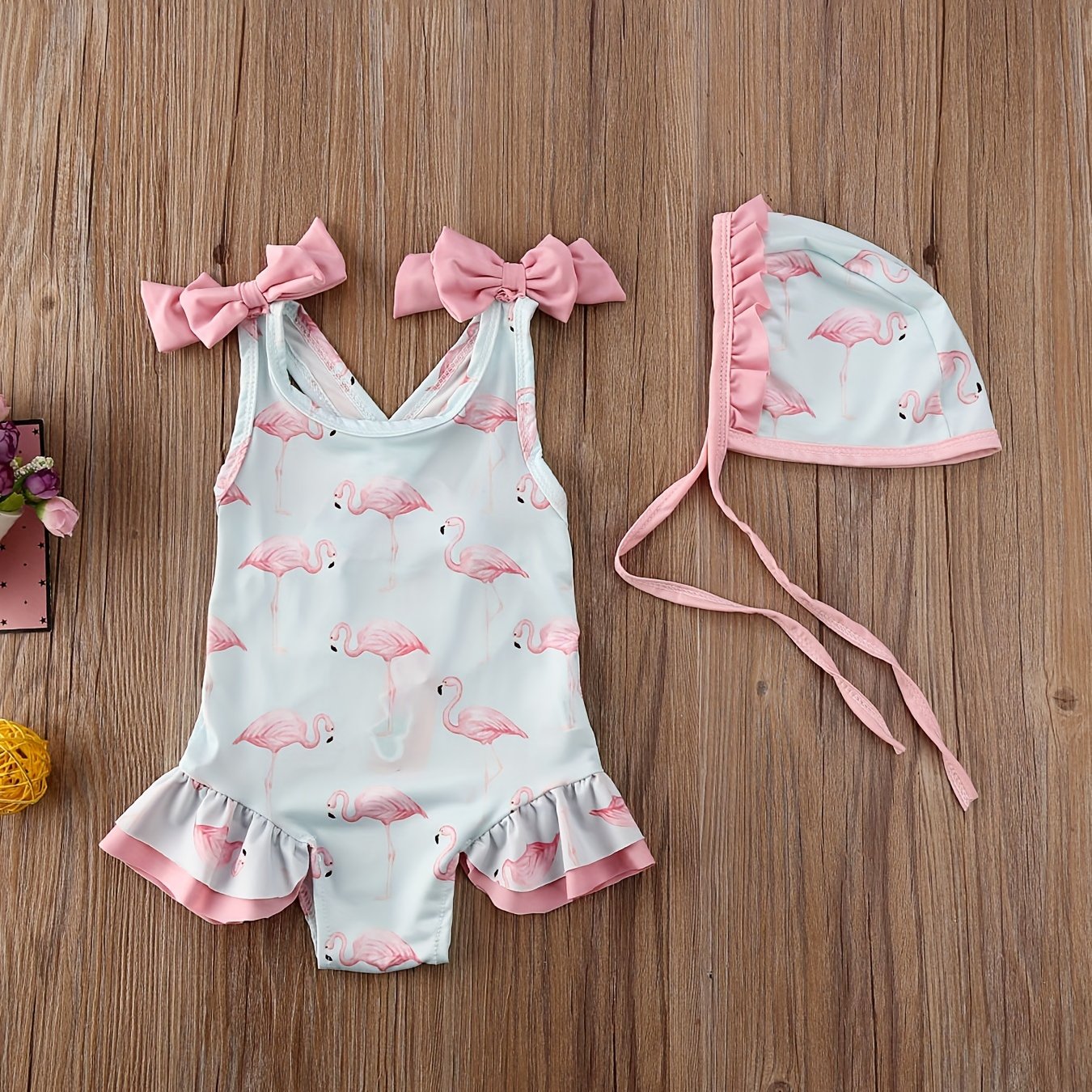 2pcs Toddler Baby Girl Flamingo Swimsuit Ruffle Bathing Suits & Hats