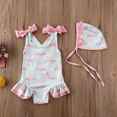 2pcs Toddler Baby Girl Flamingo Swimsuit Ruffle Bathing Suits & Hats