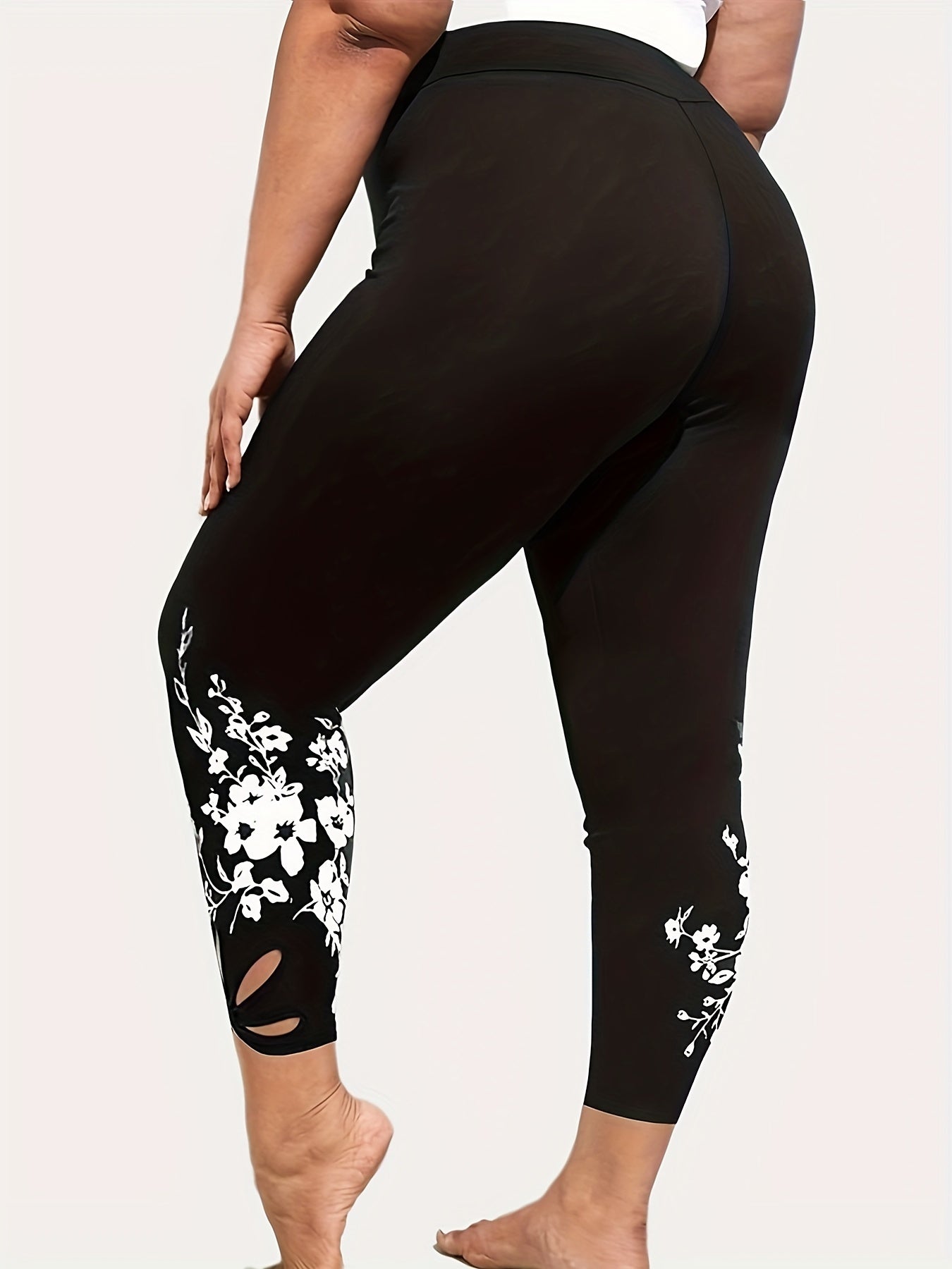 Sports Leggings Women's Plus Floral Print Cut Out Elastic High Waisted