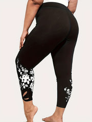 Sports Leggings Women's Plus Floral Print Cut Out Elastic High Waisted
