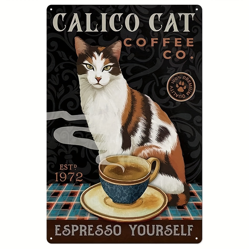Calico Cat Coffee Farmhouse Retro Metal Tin Sign Wall Decor