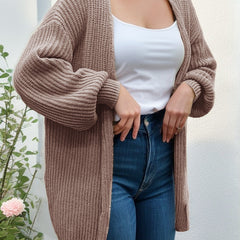Solid Lantern Sleeve Open Front Knit Cardigan