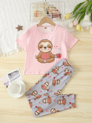 Girls Sloth Graphic T-shirt & Pants Set, Summer Holiday Kids Clothes
