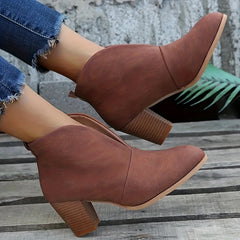 Vintage V-Cut Block Heel Ankle Boots