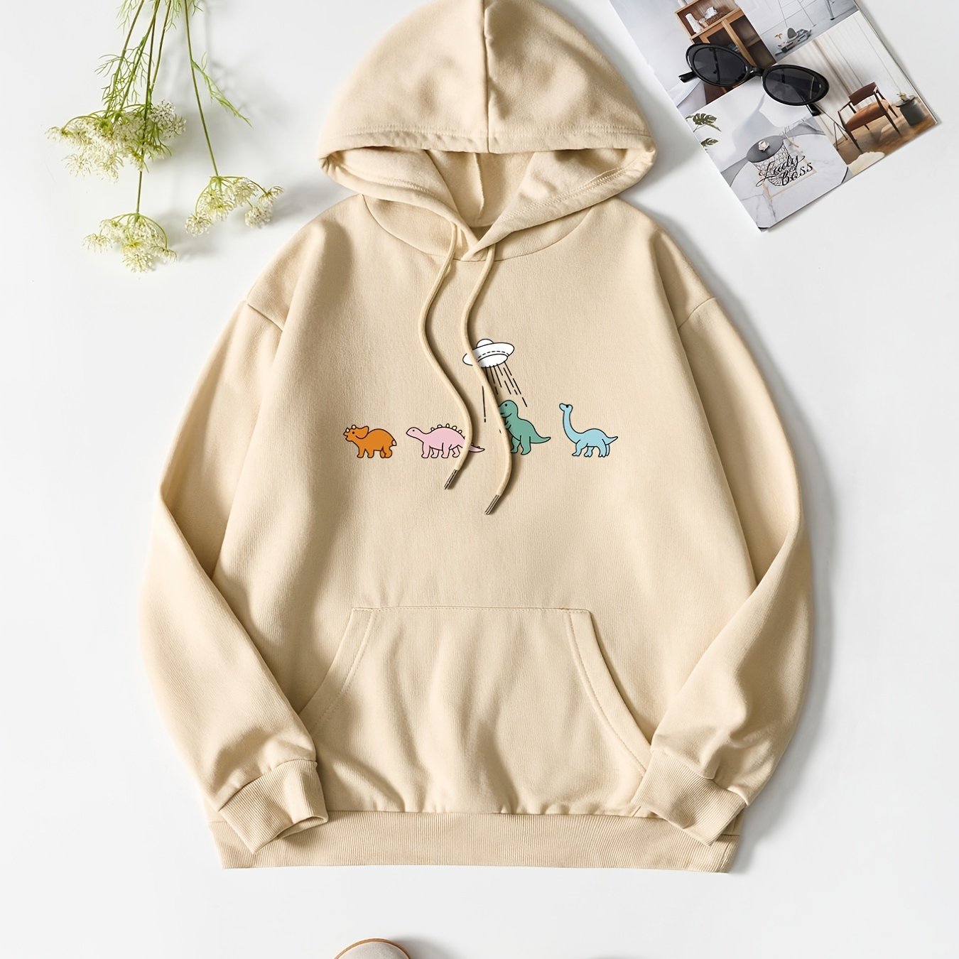 Cartoon Animal Print Casual Hooded Shirt with Kangaroo Pocket