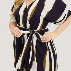 Stripe Print Batwing Sleeve Loose Fit Romper With Belt