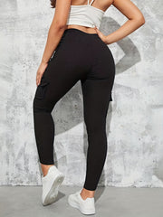 Solid Skinny Pants Drawstring Waist Flap Pocket Casual Pants