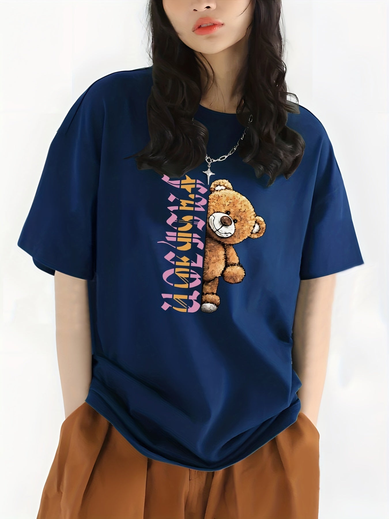 Letter & Bear Print Sports Top Crew Neck T shirt Women's Clothing