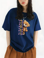 Letter & Bear Print Sports Top Crew Neck T shirt Women's Clothing