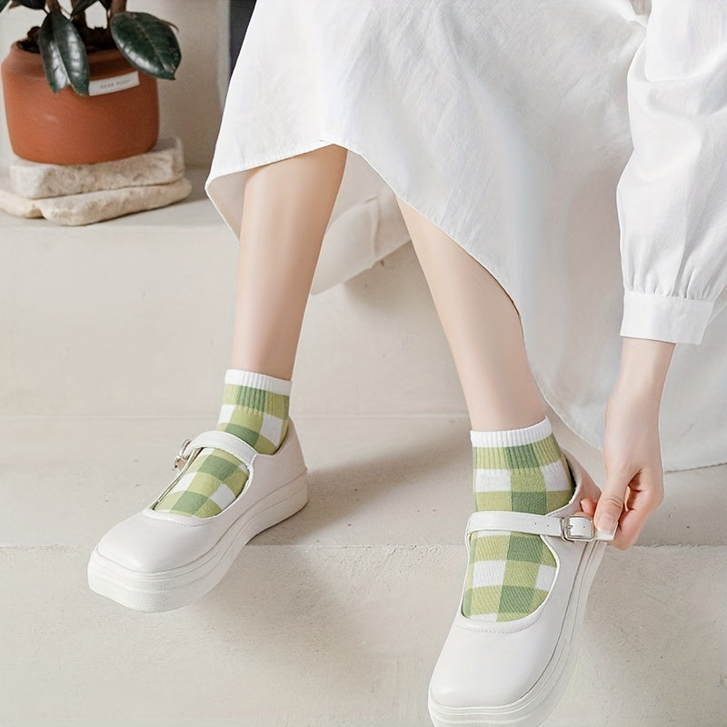 5 Pairs Cartoon Bear & Plaid Striped Ankle Socks Women's Stockings