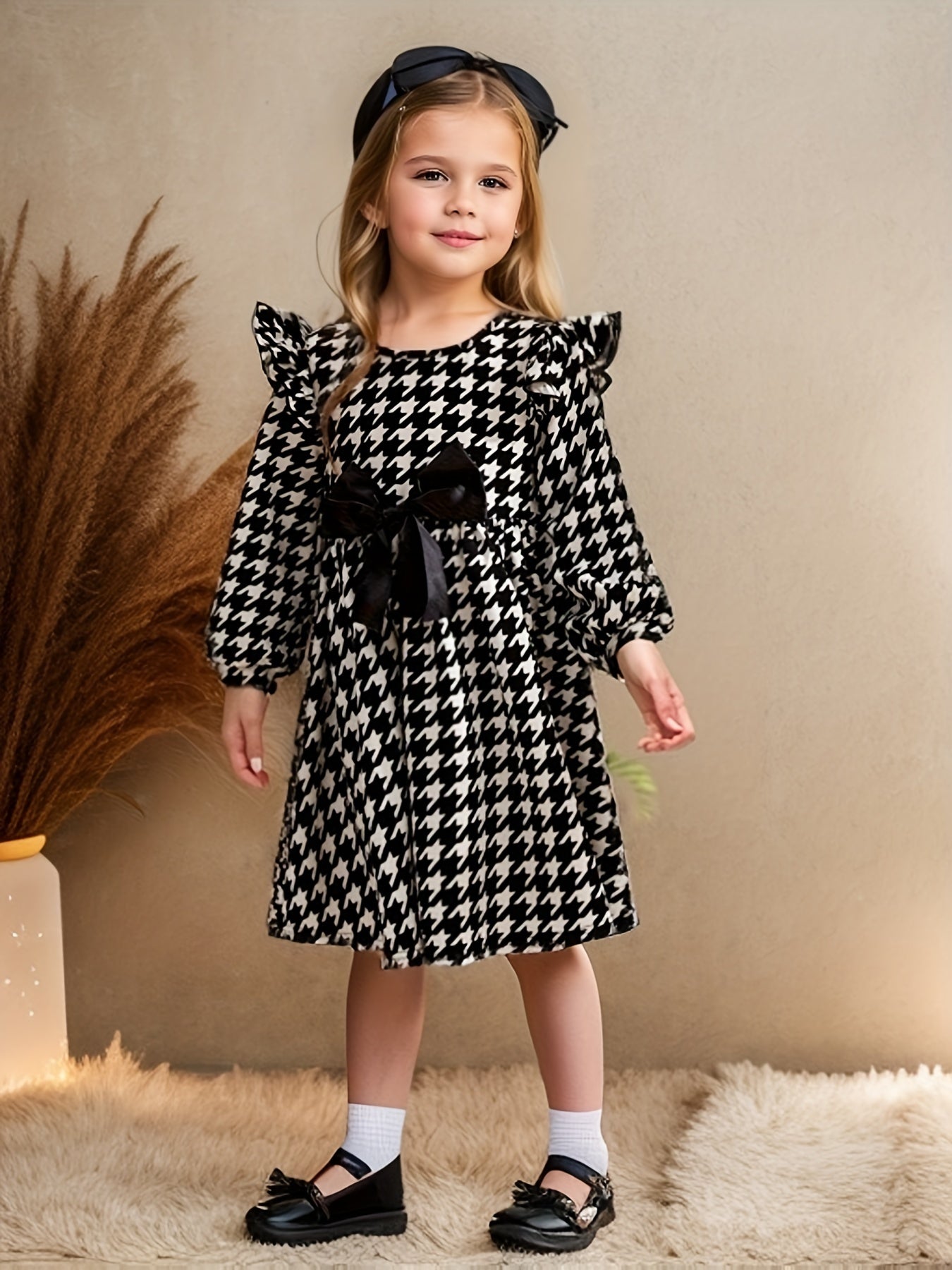 Girl's Houndstooth Bow Midi Dress