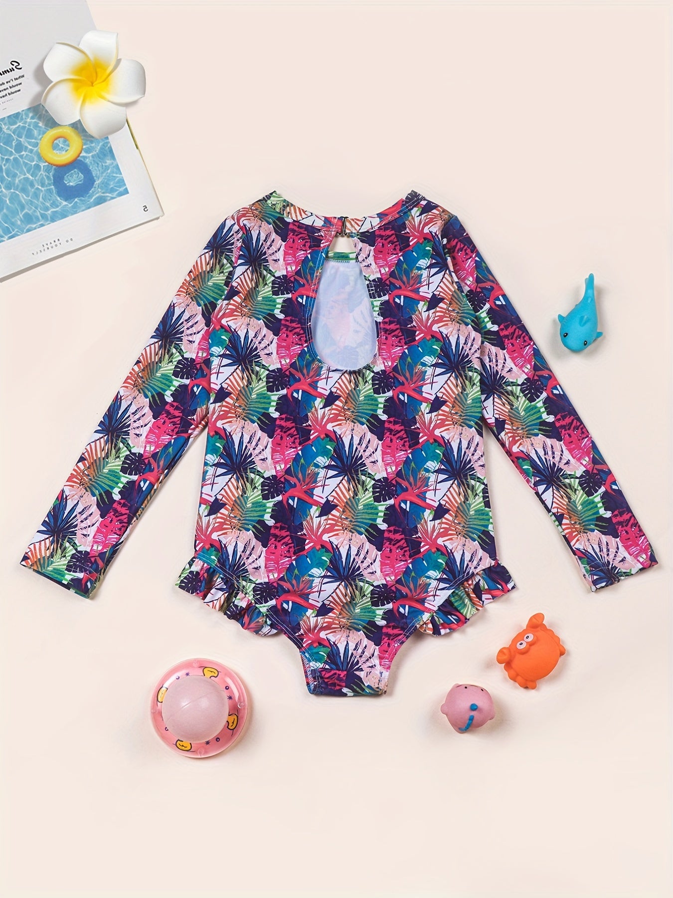 Girls One Piece Swimsuit Flamingo Tropical Flowers Long Sleeve