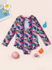 Girls One Piece Swimsuit Flamingo Tropical Flowers Long Sleeve