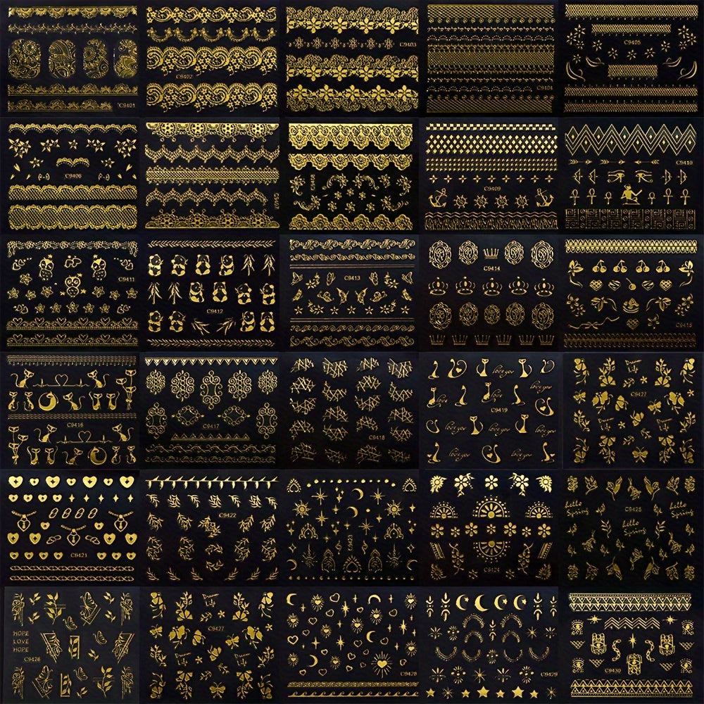 30pcs Golden Foil Nail Art Stickers Set Self Adhesive Metallic Decals