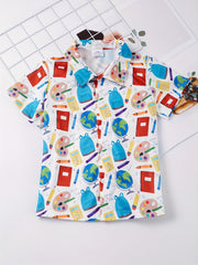 Boys Cartoon Palette Pencil School Bag Print Shirt Kids Summer Clothes