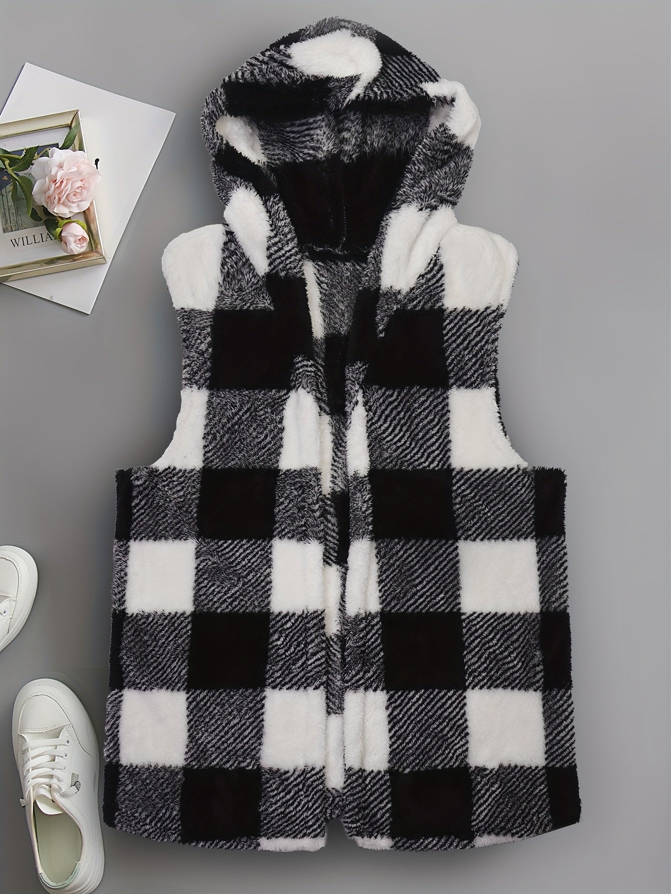 Colorblock Gingham Print Fleece Vest Coat