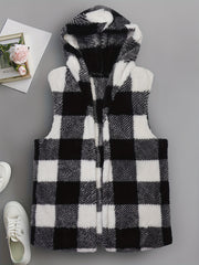 Colorblock Gingham Print Fleece Vest Coat