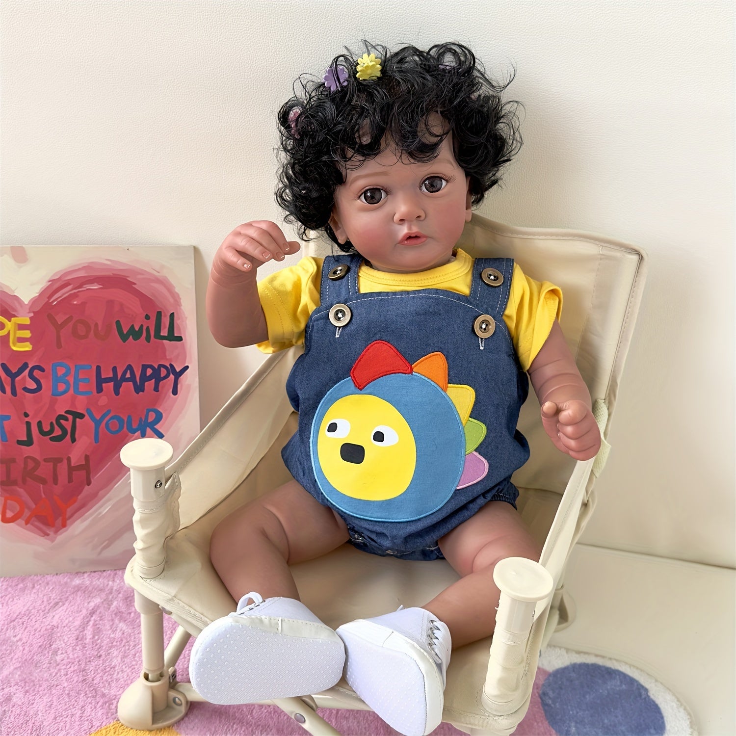 23in Simulative Reborn Doll Dark Brown Skin Hand-Planted Hair Soft Cloth Body