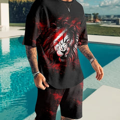 Mens 2 Piece Lion 3D Print T-shirt & Shorts Set for Summer