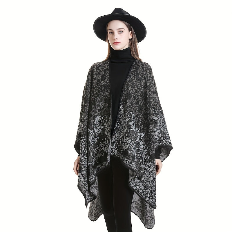 Cashmere Shawl Print Warm Long Shawl Casual Blanket Open Front Poncho Cape