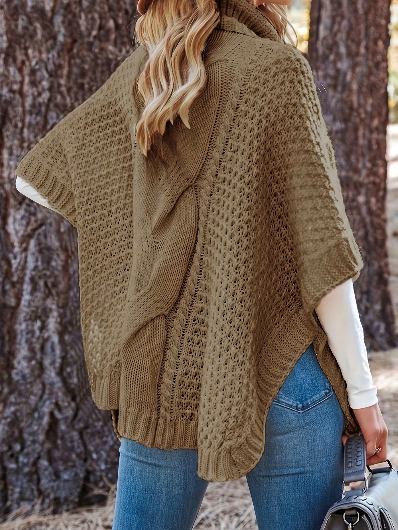 Solid Cable Bat Sleeve Turtle Neck Jumper