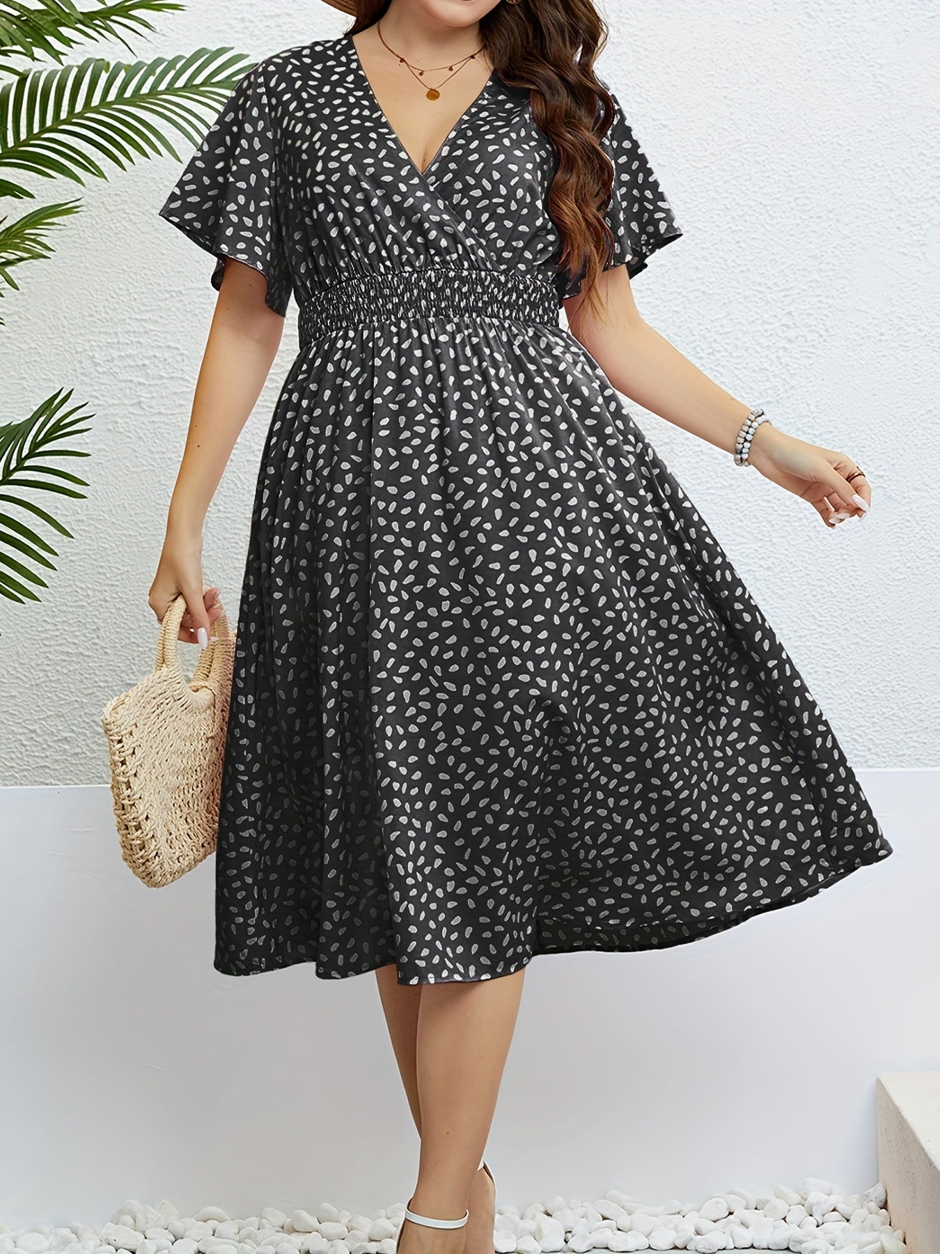 Butterfly Sleeve Surplice Neck Waist Pleated Dress