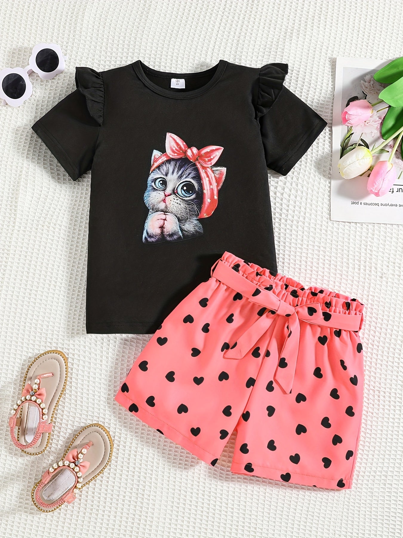 2pcs Toddler Girls Cat Graphic T Shirt & Heart Graphic Shorts Set