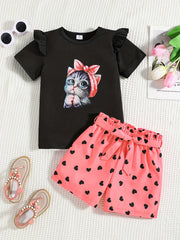 2pcs Toddler Girls Cat Graphic T Shirt & Heart Graphic Shorts Set